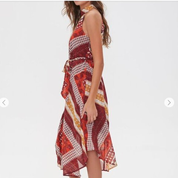 NWT High Neck Tie Waist Asymmetrical Pattern Dress - Picture 2 of 4